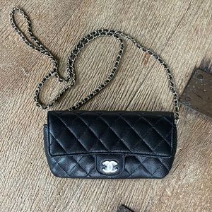 Chanel black caviar eyeglass sunglass crossbody case on chain with box